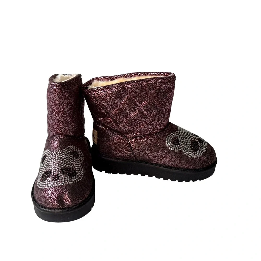 Ld-baby Girls Metallic Purple Quilted Panda Rhinestone Faux Fur Boots Sz 27